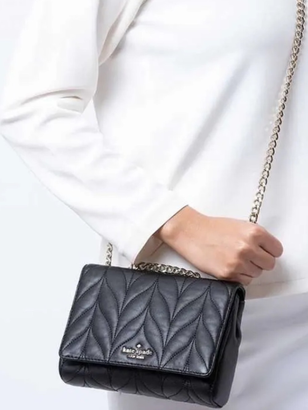 kate spade Black Quilted Leather Crossbody with Gold Chain